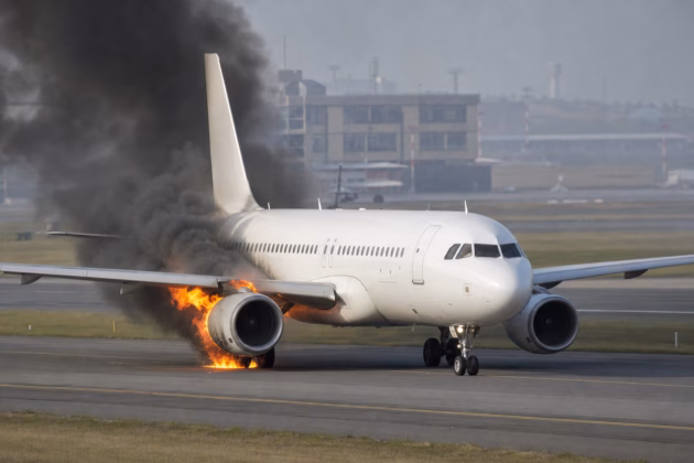 Brennendes Triebwerk an einem Passagierflugzeug (Symbolbild). Foto: KI-generiert