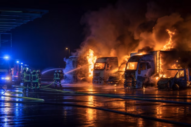 Brennende Lastwagen bei Nacht (Symbolbild). Bild: KI-generiert