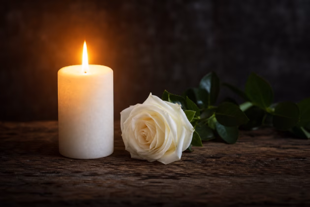 Symbolbild: Kerze und weiße Rose. Foto: KI-generiert