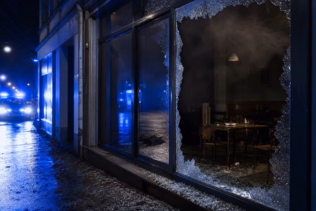 Zerborstene Schaufensterscheibe eines Cafés bei Nacht. Symbolbild (KI-generiert)