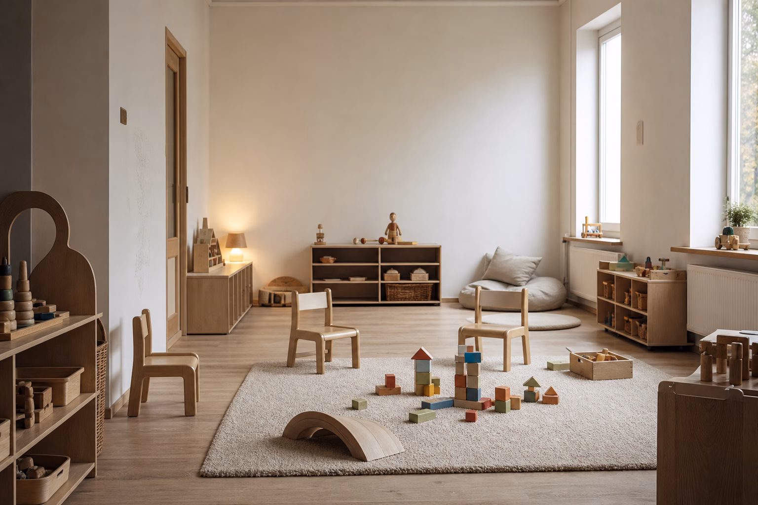 Leerer Gruppenraum einer Kinderkrippe mit kleinen Stühlen und Spielzeug