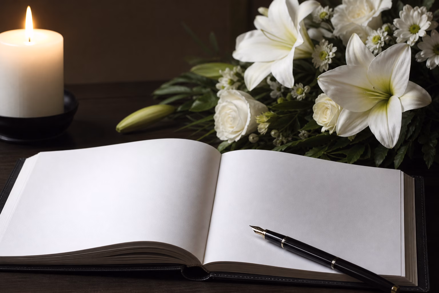 Aufgeschlagenes Kondolenzbuch mit weißen Blumen und Kerze