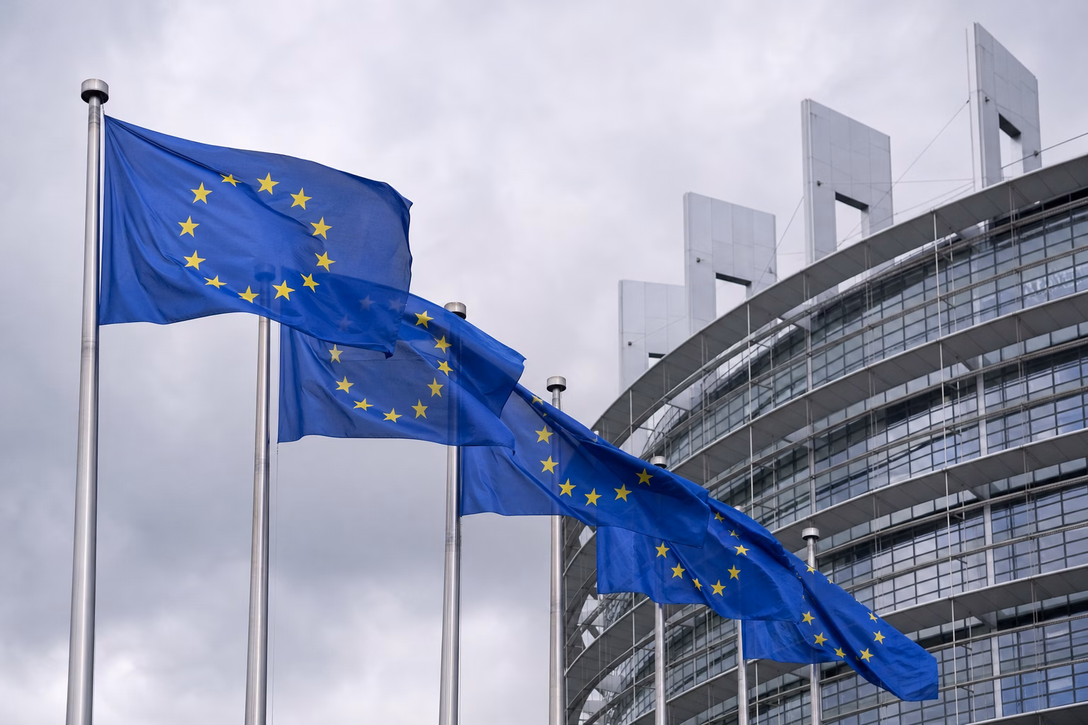 Europaflaggen wehen vor einem Parlamentsgebäude