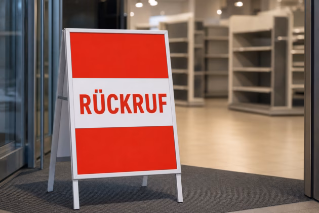 Hinweisschild „Rückruf“ im Eingangsbereich eines Geschäfts (Symbolbild). Bild: KI-generiert