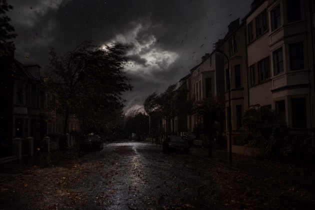 Symbolbild: Dunkle Straße bei Sturm und Stromausfall. Bild: KI-generiert
