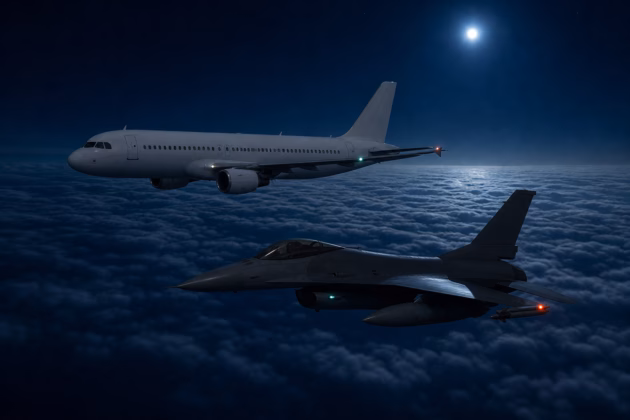Symbolbild: Kampfjet begleitet ein Passagierflugzeug bei Nacht. Bild: KI-generiert
