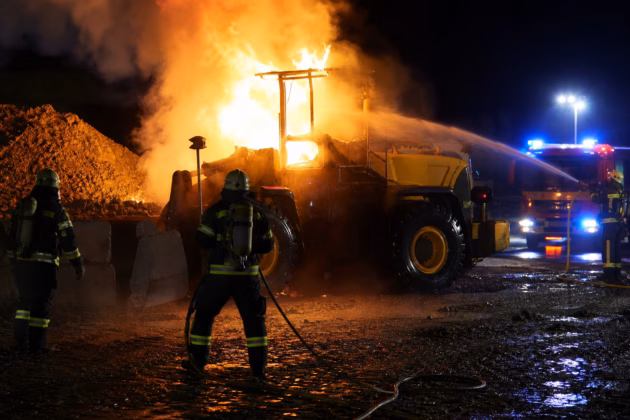 Brennende Baumaschine bei Nacht (Symbolbild). Bild: KI-generiert