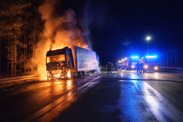 Symbolbild: Brennender Lkw auf einer Autobahn bei Nacht. Foto: KI-generiert · social.topaktuell.de