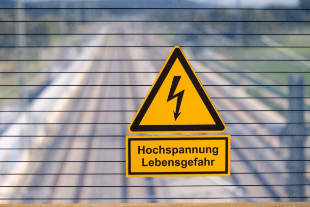 Warnschild „Hochspannung Lebensgefahr“ an einer elektrifizierten Bahnstrecke, Symbolbild. Foto: IMAGO / Ardan Fuessmann