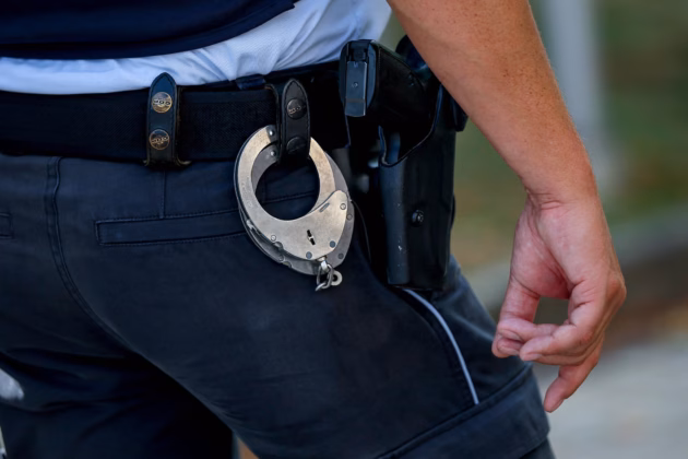 Handschellen und Dienstwaffe am Einsatzgürtel eines Polizisten (Symbolbild), 31.08.2026. Foto: IMAGO / Maximilian Koch