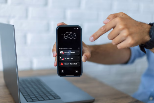 Ein Mann hält ein Smartphone mit Warnmeldungen zu Betrugsversuchen (Symbolbild), 24.07.2026. Foto: IMAGO / CHROMORANGE (Ales Utouka)